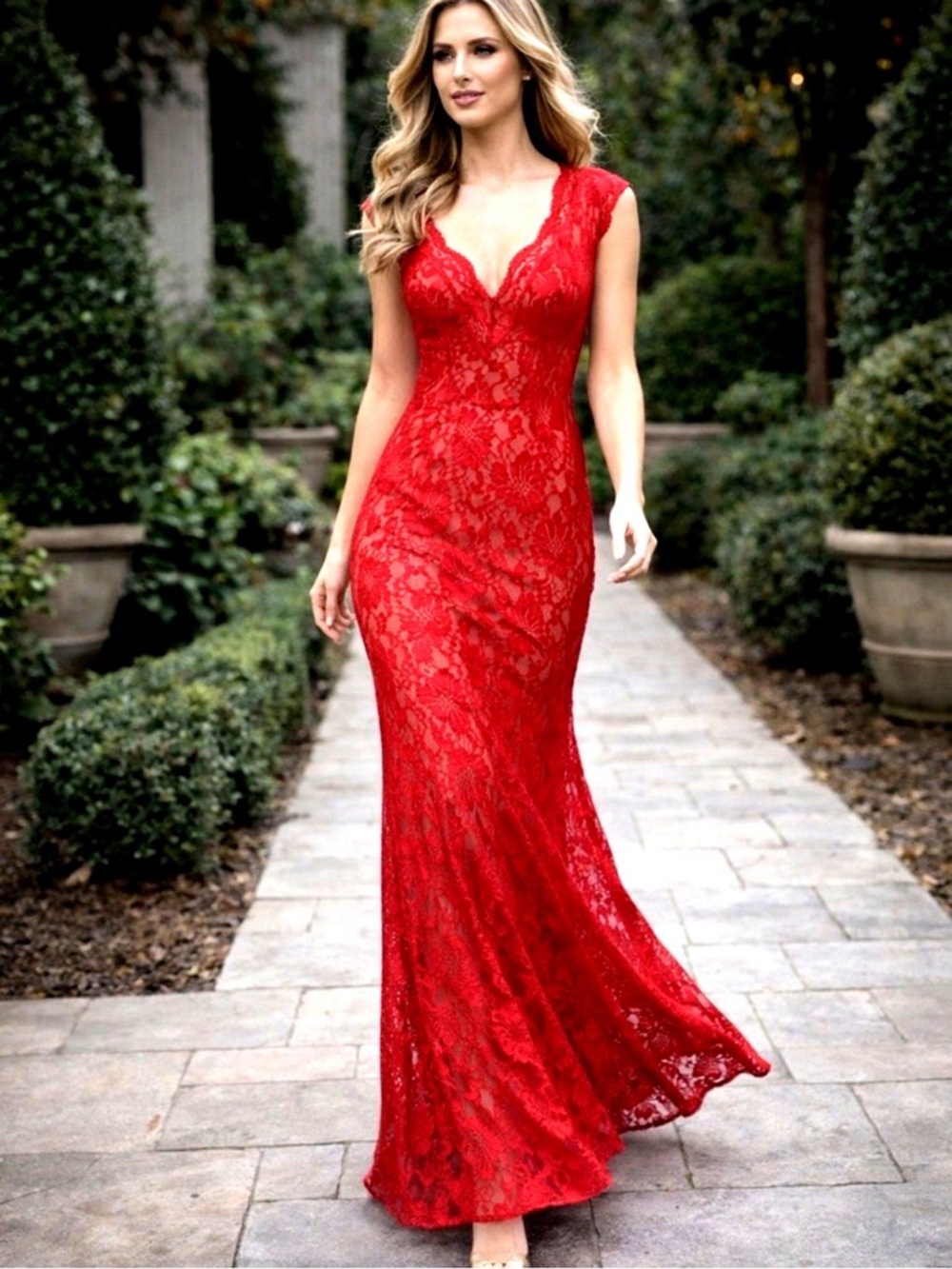 Xscape Red Lace Open Back Mermaid Gown 6